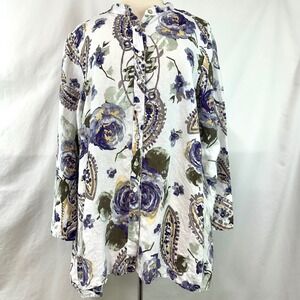 HABITAT 100% Linen Floral Paisley Button Up Tunic Shirt Women's L Lagenlook Boho